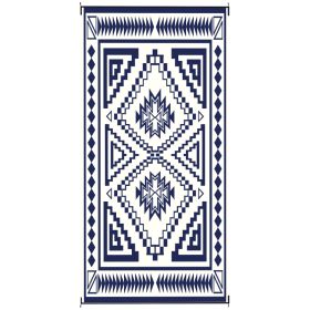 Reversible Outdoor Rug, Waterproof Plastic Straw With Carry Bag, 9 X 18, Blue & White Square Patchwork (Option: BLUE)