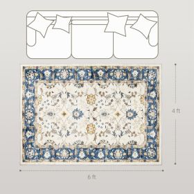 Machine Washable Area Rug 4x6, Non-Slip Boho Floral Print Floor Carpet For Living Room, Bedroom, Dining Room, Blue (Option: BLUE)