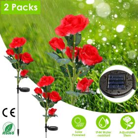 2Pcs Solar Powered Lights Outdoor Rose Flower LED Decorative Lamp Water Resistant Pathway Stake Lights For Garden Patio Yard Walkway (Color: Red)
